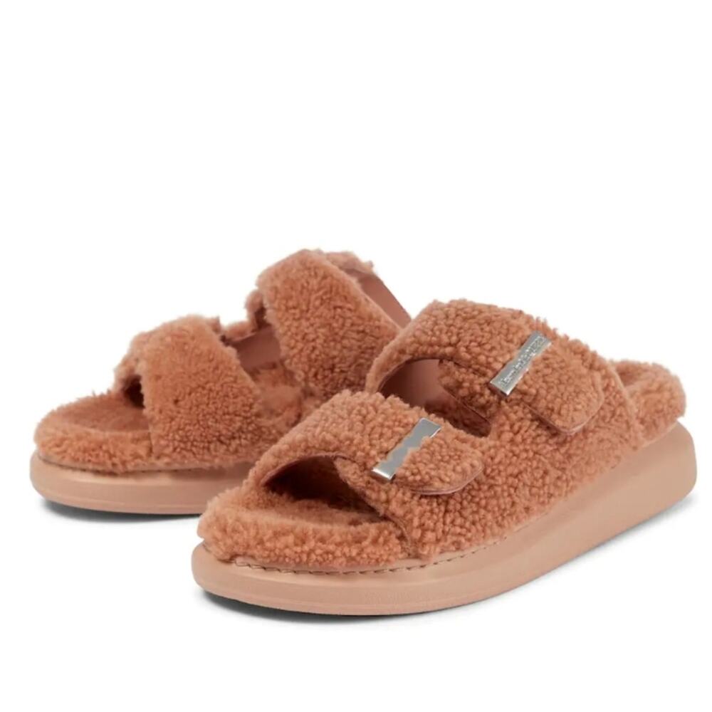 NWT$790 Alexander McQueen Shearling Fur Pink Silver Warm Slide Sandals Sz 38.5